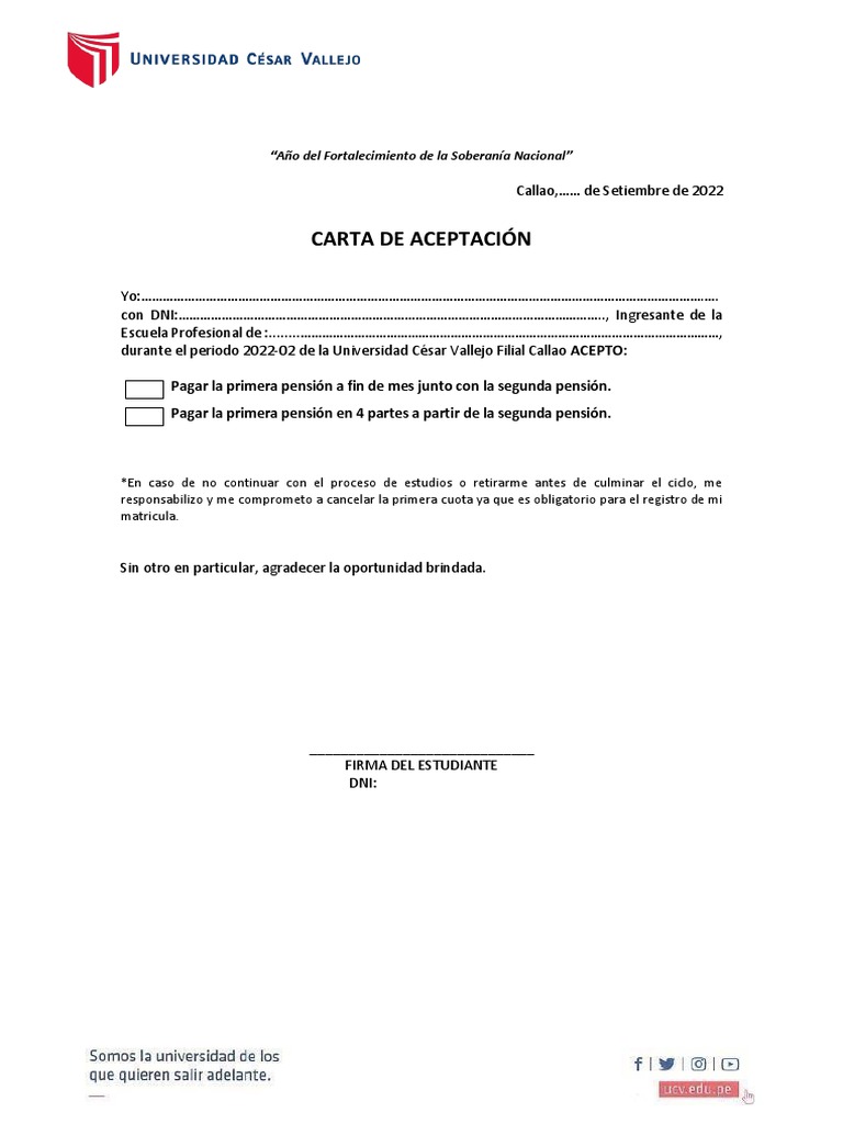Carta de Aceptación Prorroga 1era Cuota | PDF