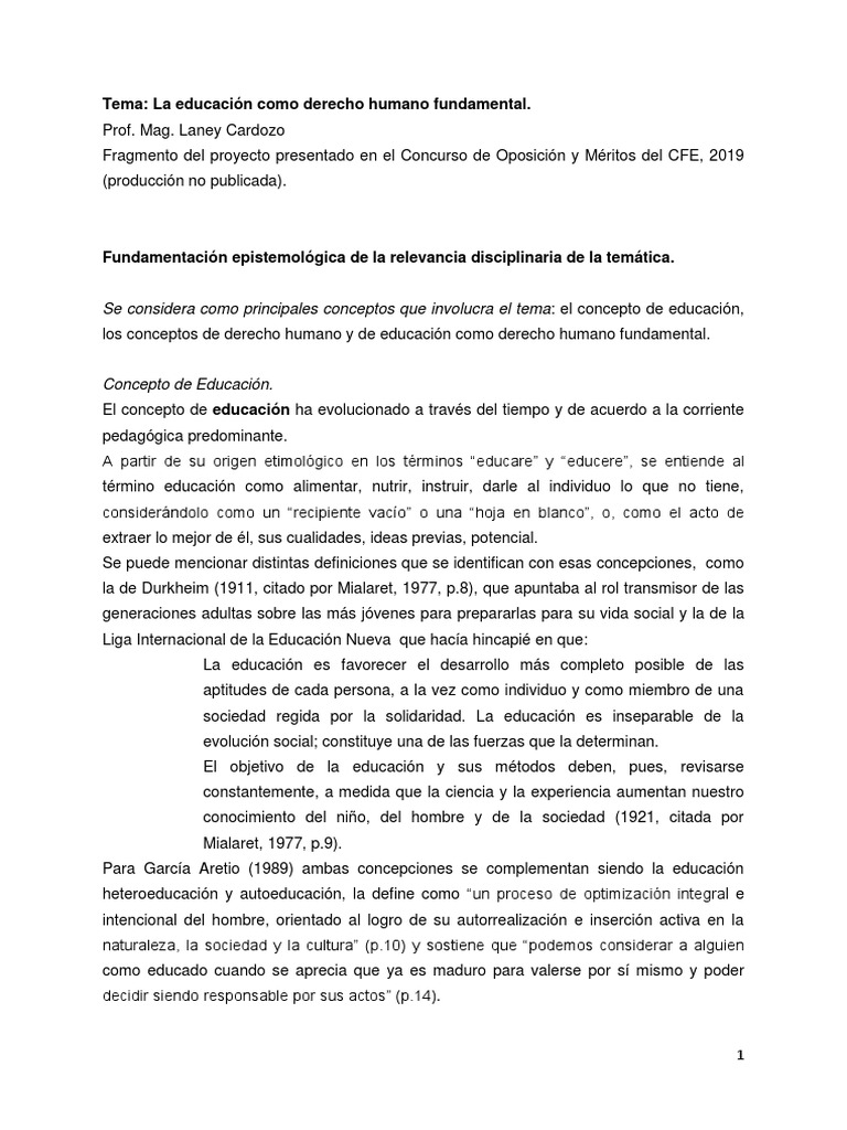 La Educacion Como Derecho Humano Fundamental. Proyeccion A Uruguay ...