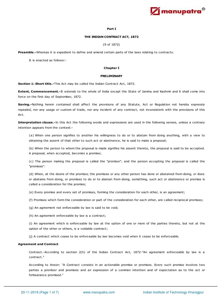 Contract Manupatra Chapter 1 - 2 | PDF | Offer And Acceptance ...