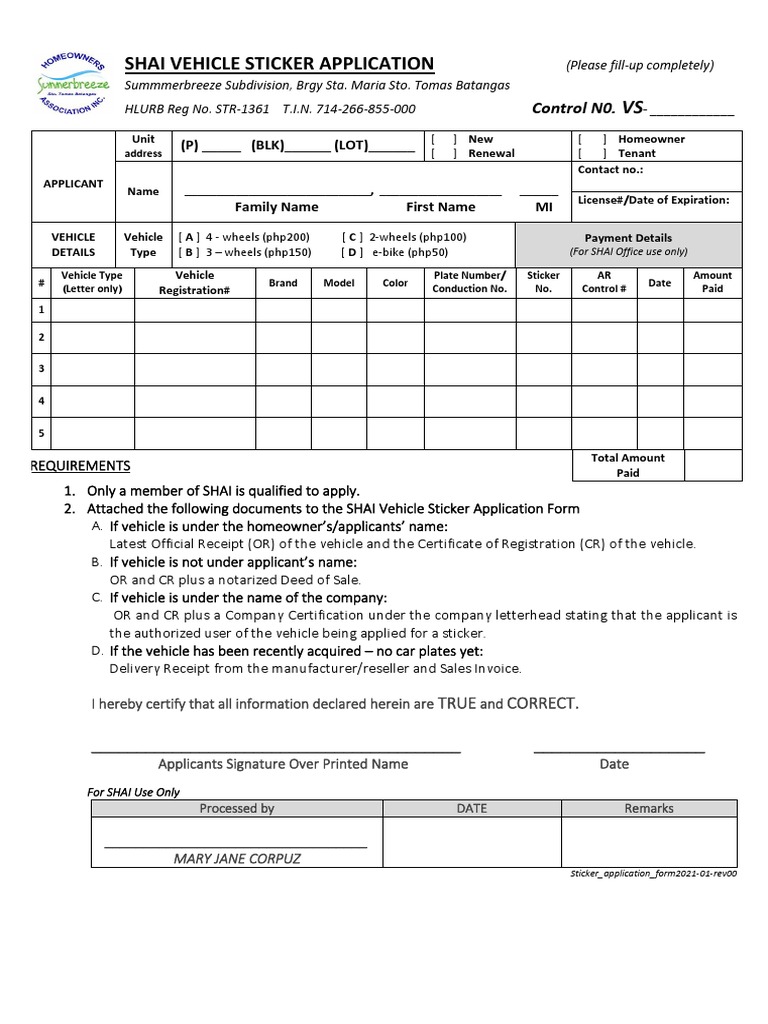 SHAI VEHICLE STICKER APPLICATION Form - 2021rev00 | PDF | Receipt ...