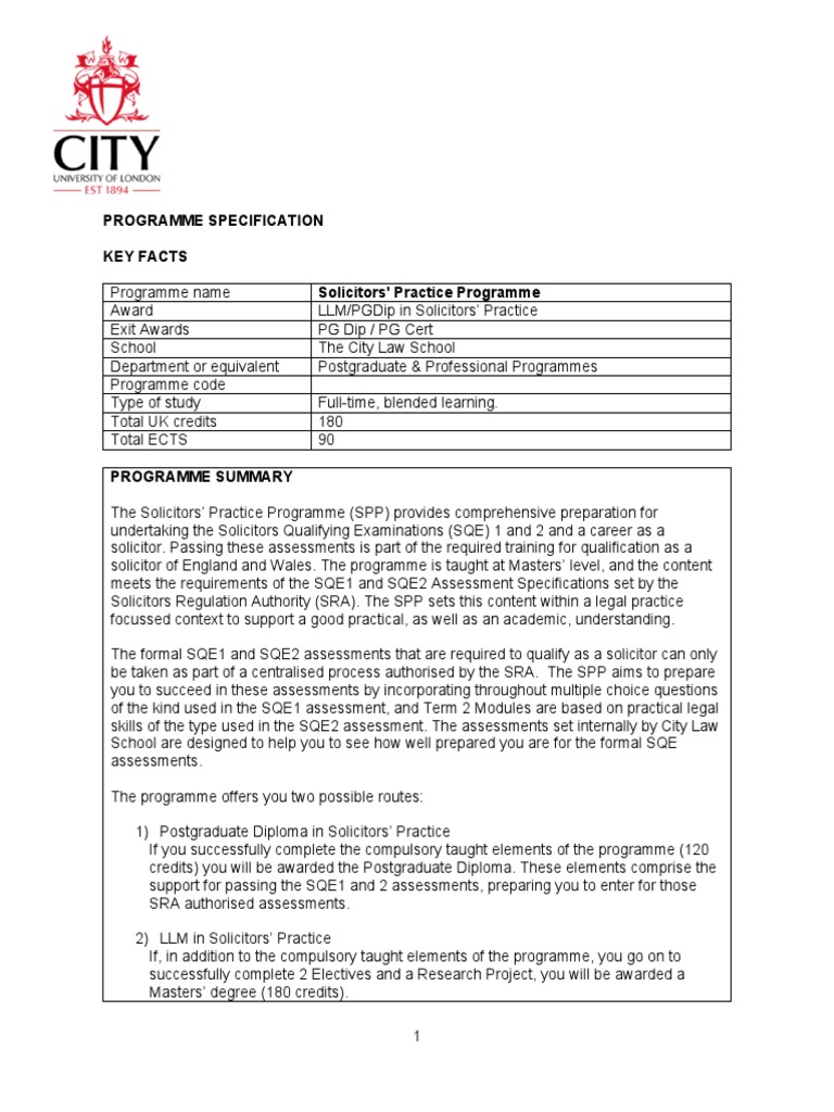 PG Programme Specification Solicitors Practice PDF Educational
