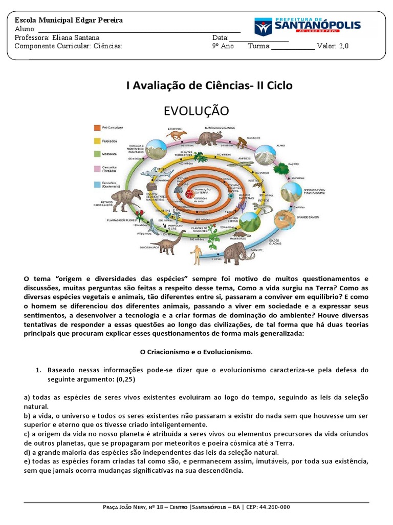 AVALIAÇÃO 9 ANO II CICLO - EVOLUÇÃO - Aluno | PDF | Evolução | Vida