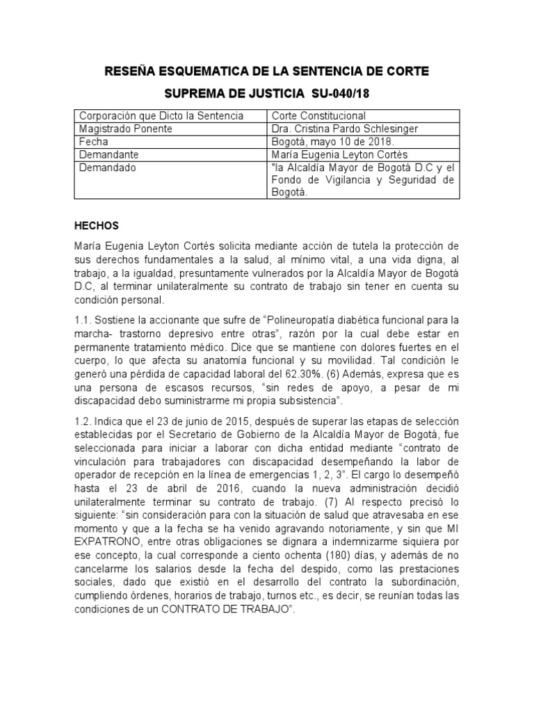 Reseña Esquematica de La Sentencia de Corte Constitucional Su 048 2018