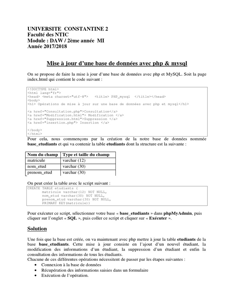 Mise à jour BDD avec PHP et MySQL | PDF | PHP | MySQL