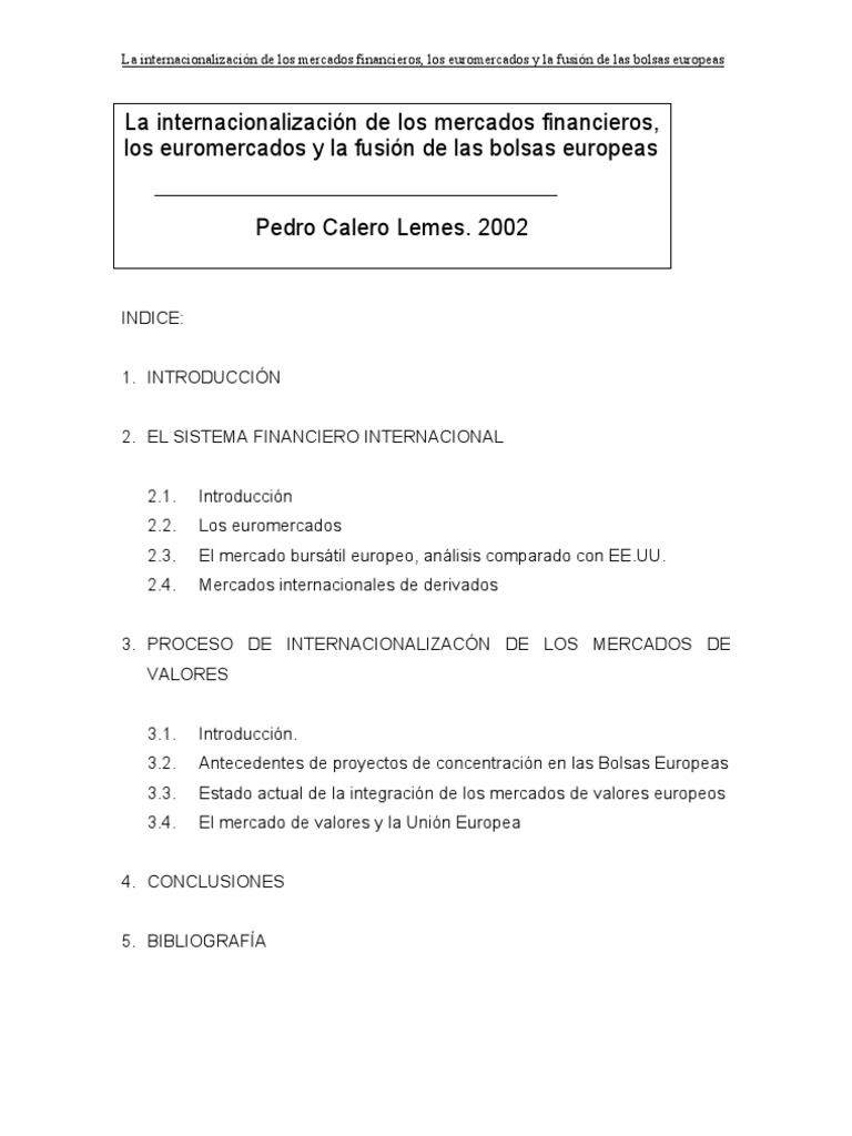 La Internacionalización de Los Mercados Financieros, Los Euromercados y ...
