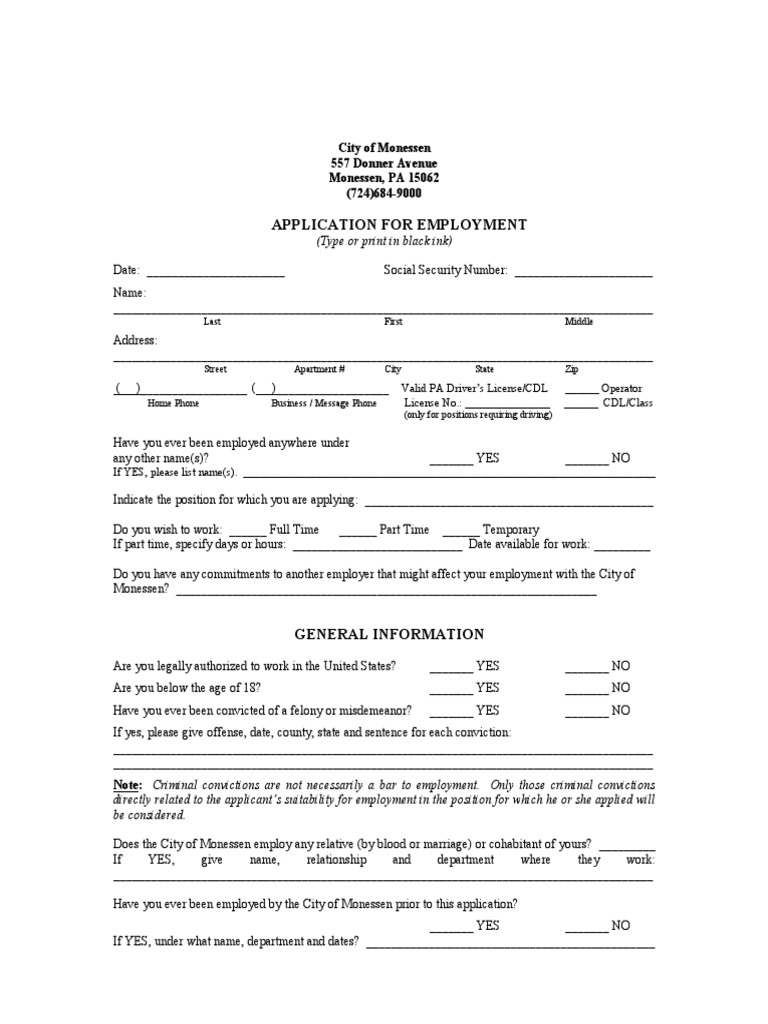 Monessen Application For Employment Draft PDF Academic Degree