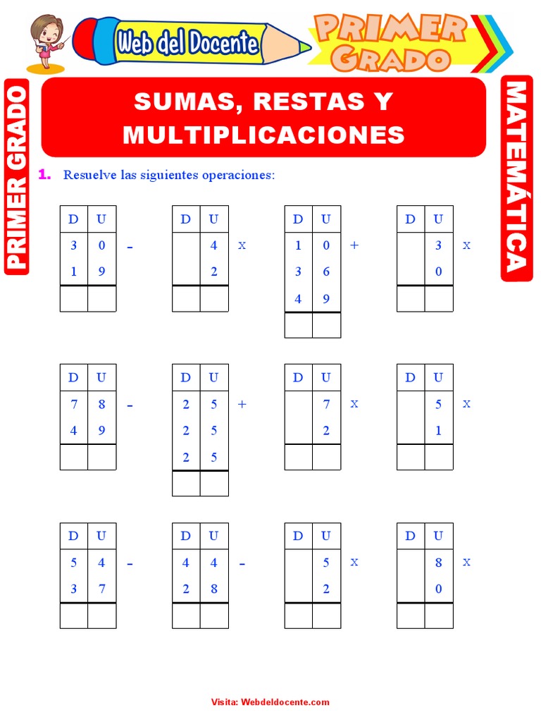 Sumas Restas y Multiplicaciones para Primer Grado de Primaria | PDF ...