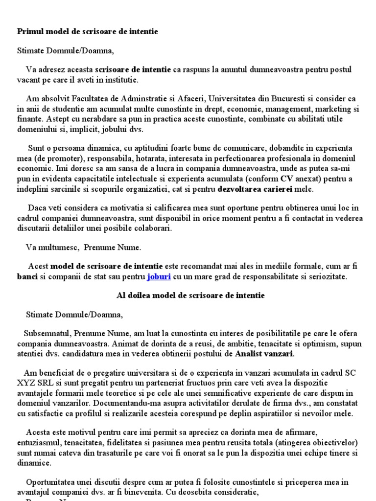 scrisoare de intentie