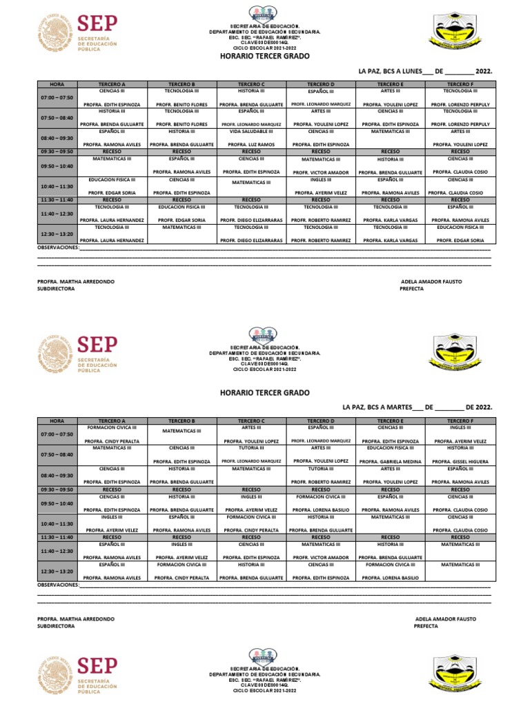 Horario Tercer Grado PDF Etapas educativas Educación Secundaria