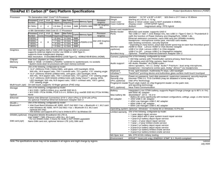 ThinkPad X1 Carbon Gen 6 Specs Overview | PDF | Hdmi | Solid State Drive