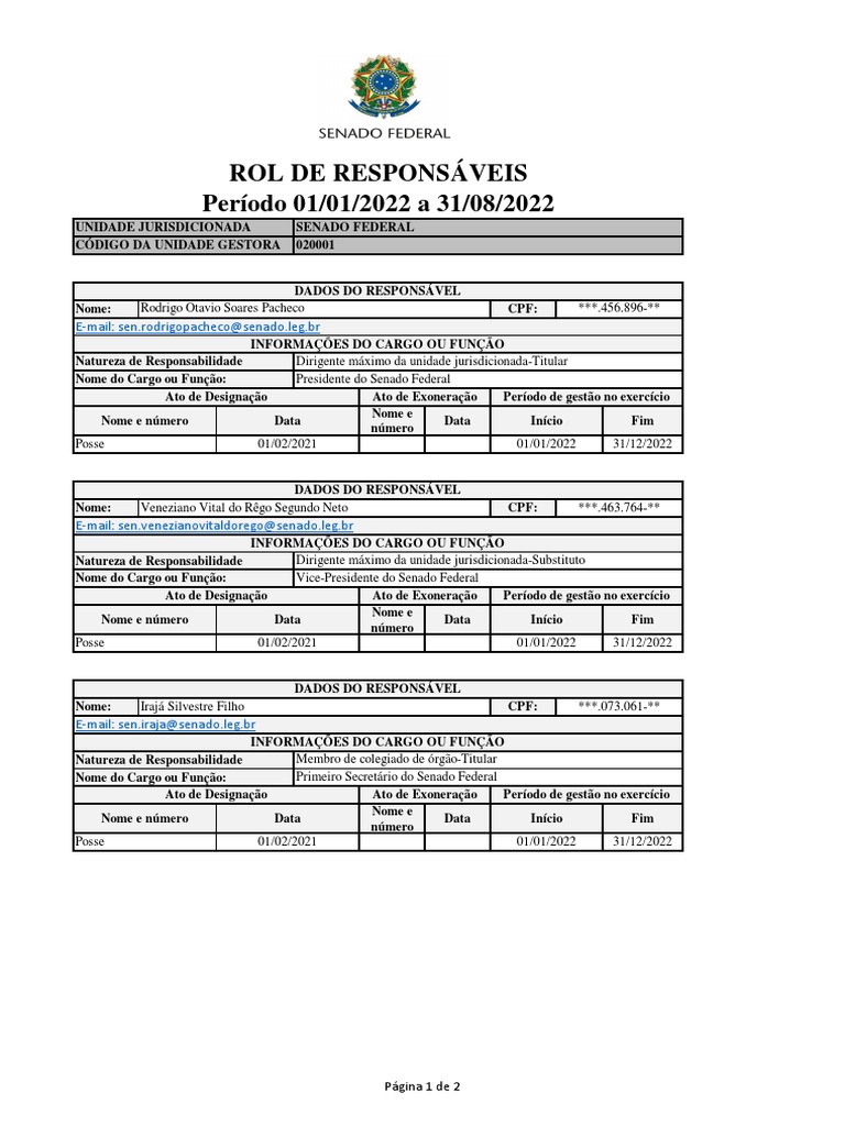 Rol de Responsaveis 2022 - 08 | PDF | Direito Público | Governo