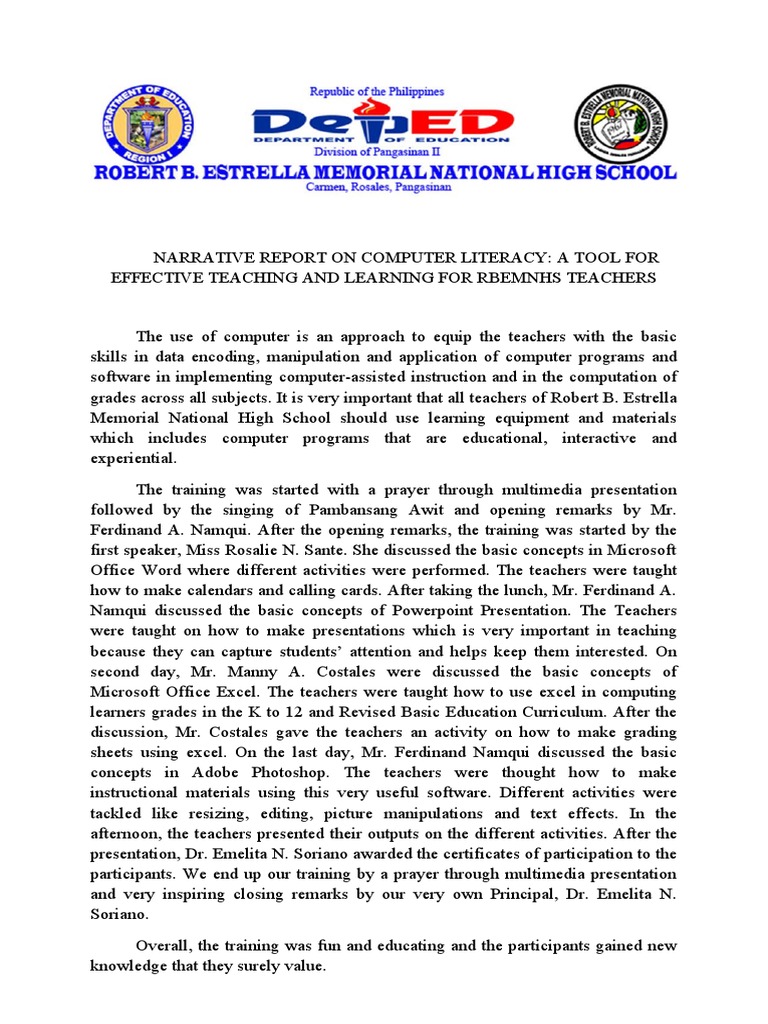 Narrative Report On Computer Literacy Pdf Teachers Microsoft Excel