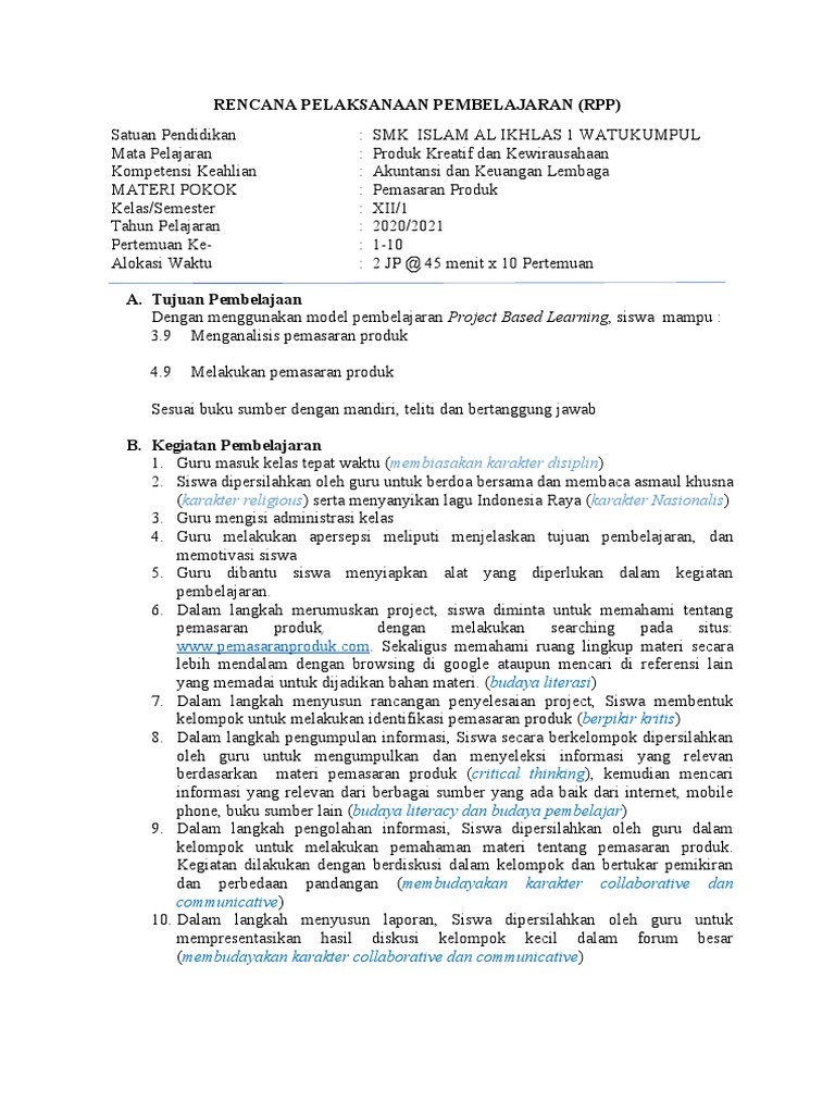 RPP Pemasaran Produk SMK 2020/2021 | PDF | Bisnis | Seni