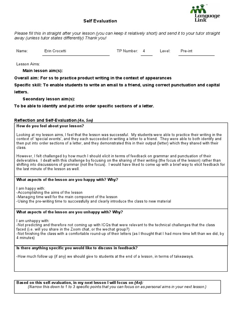 Lesson Self-Evaluation and Reflection | PDF | Psychology ...
