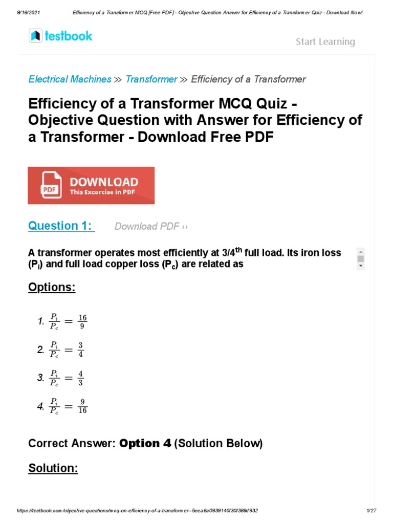 Efficiency of A Transformer MCQ (Free PDF) Objective Question Answer