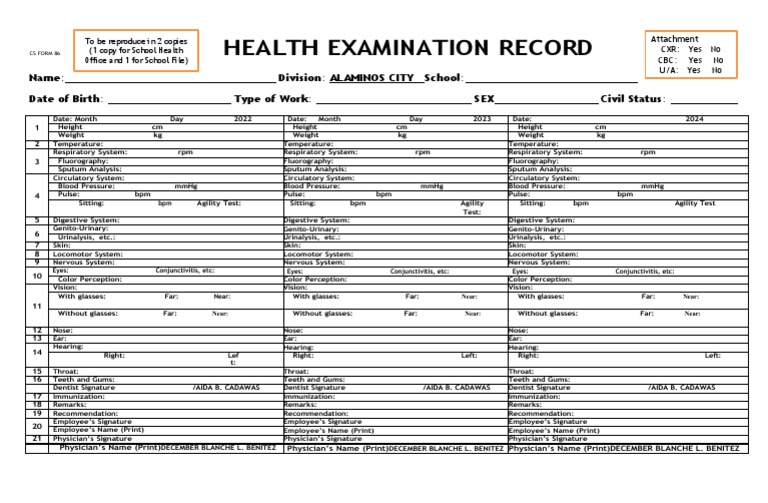 Cs Form 86 Health Examination Record New PDF Anatomy Clinical