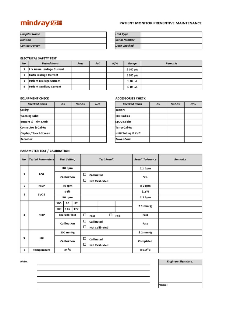 Patient Monitor Maintenance Checklist | PDF | Calibration | Equipment