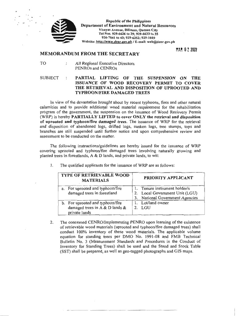 SGD Memo Partial Lifting of Suspension On Issuance of Wood Recovery