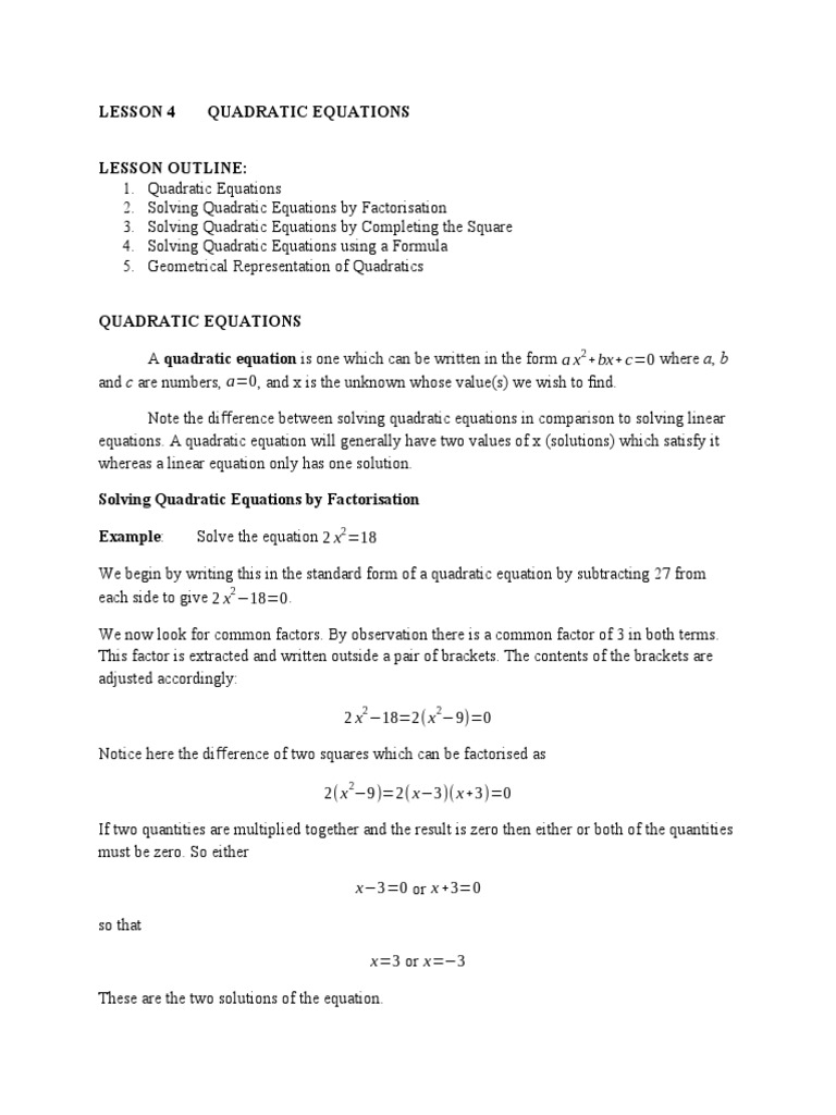 LESSON 4 Quadratic Equations | PDF | Quadratic Equation | Equations