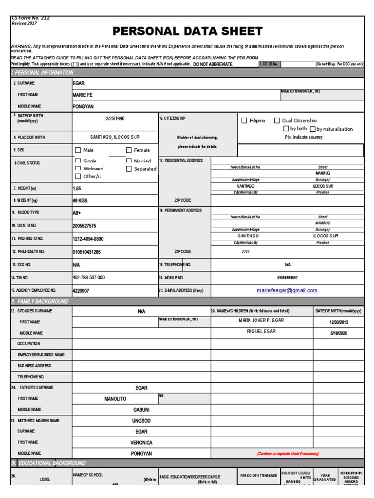 Cs Form No. 212 Revised Personal Data Sheet - New | PDF | Social ...