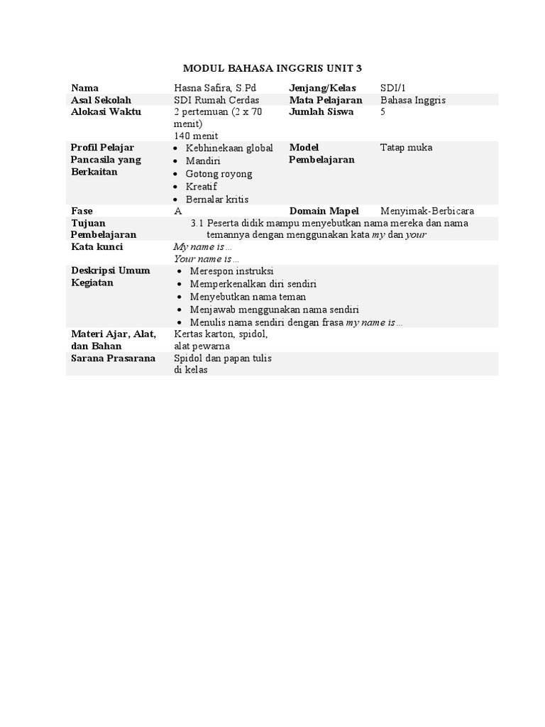 Modul Bahasa Inggris Kelas 1 Unit 3 | PDF