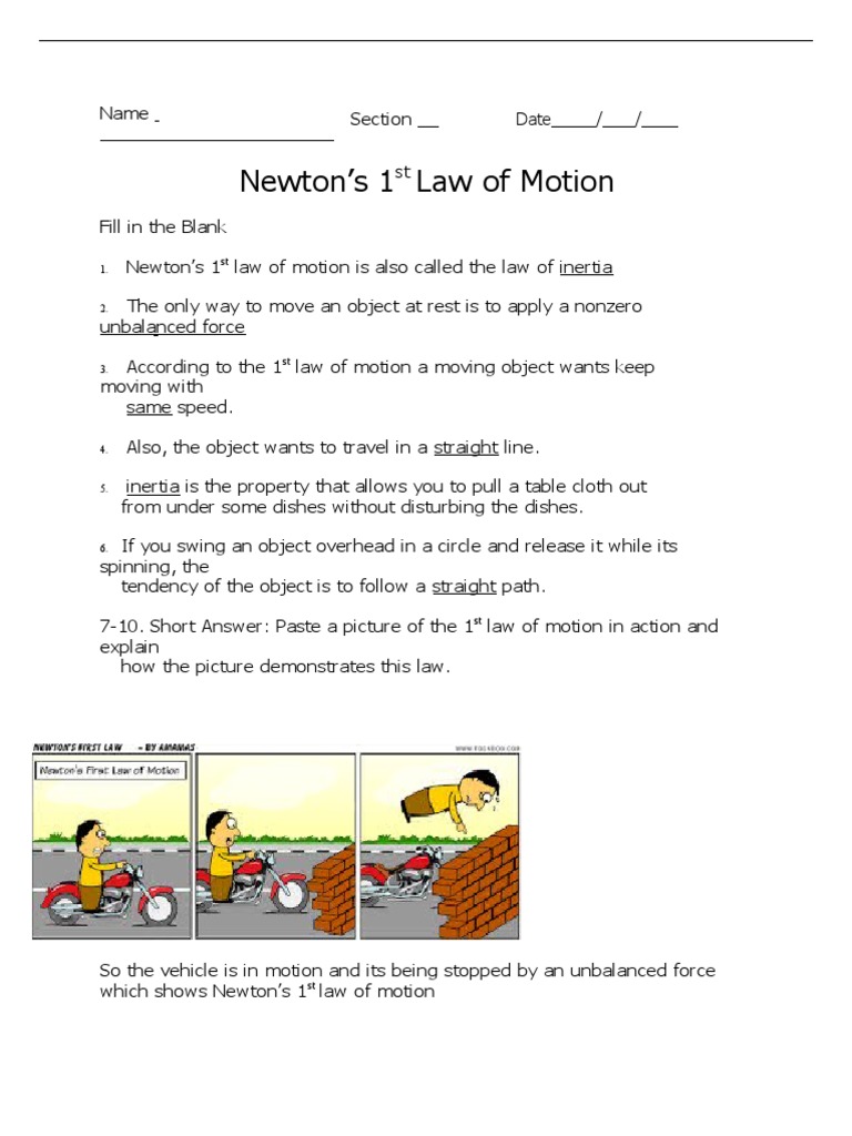 1st Law of Motion Worksheet PDF