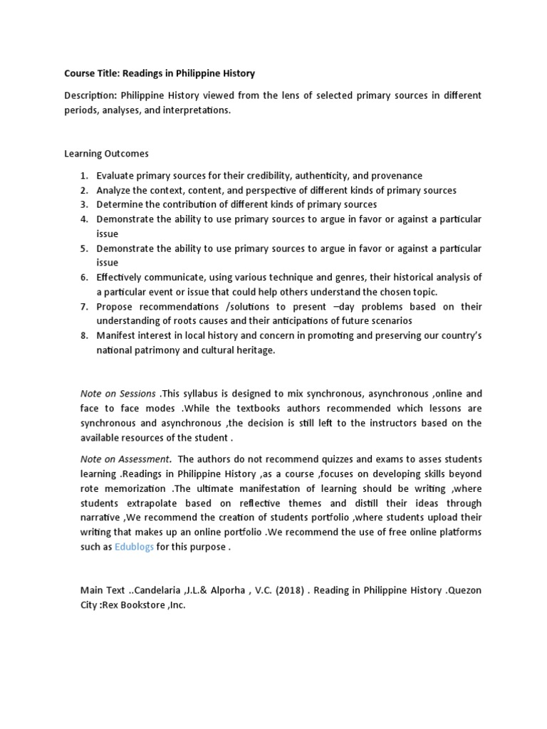Readings in Philippine History Course | PDF | Taxes | Primary Sources