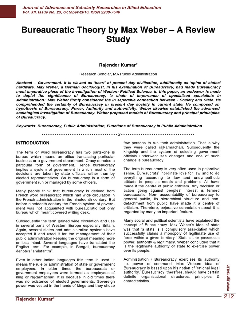 Bureaucratic Theory by Max Weber - A Review Study: Rajender Kumar ...