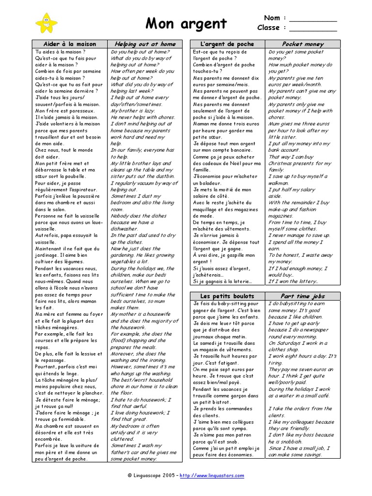 French Pocket Money Vocabulary PDF