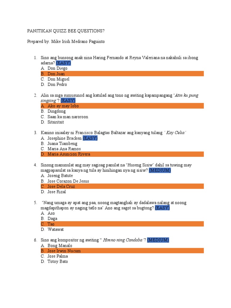 Panitikan Quizz Bee Questions | PDF