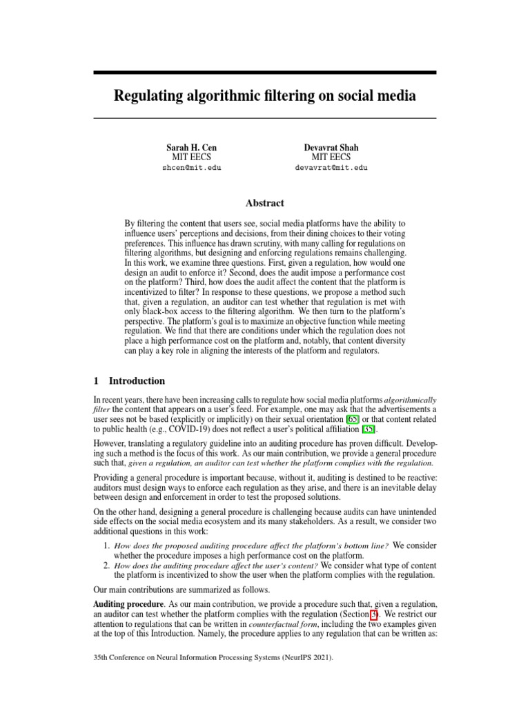 NeurIPS 2021 Regulating Algorithmic Filtering On Social Media Paper