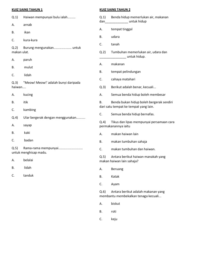 Question Excerpt From Kuiz Sains Tahun 3 Pdf