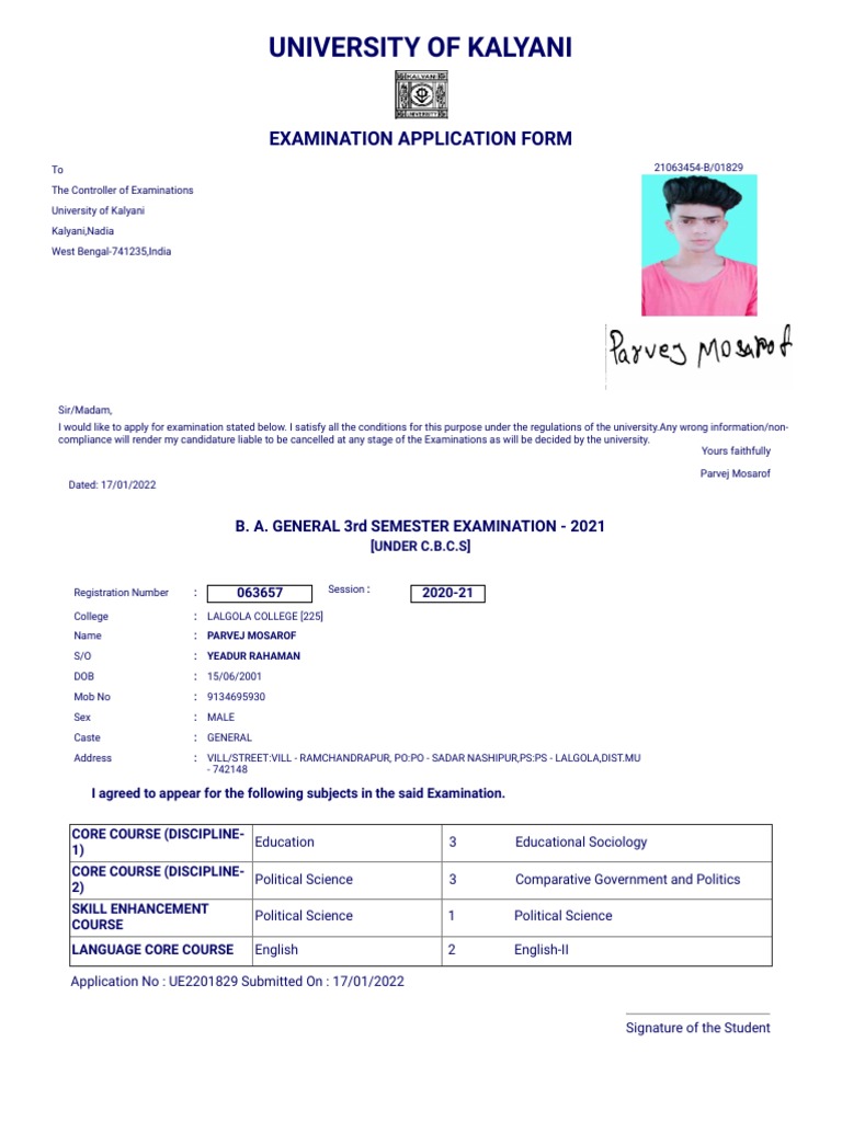 Kalyani University Exam Application Form | PDF