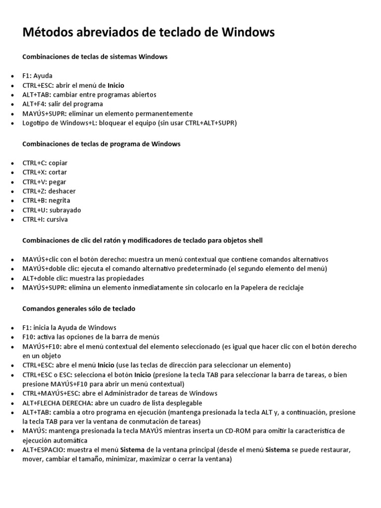 M todos abreviados de teclado de windows pdf ventana inform tica
