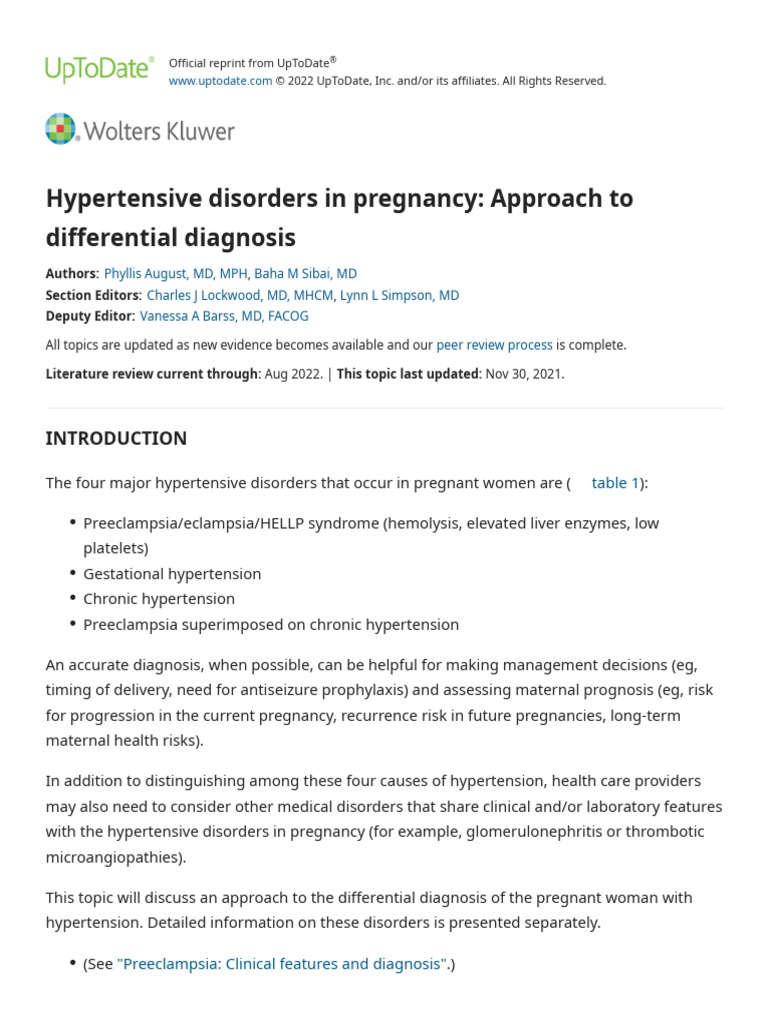 Hypertensive Disorders in Pregnancy Approach To Differential