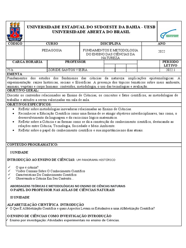 Metodologia do Ensino de Ciências 2022 | PDF | Science | Ciências naturais
