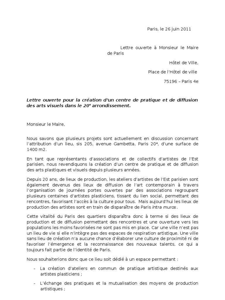 Lettre ouverte au maire de Paris pour la création d'un atelier d