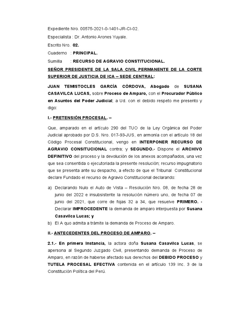 Recurso de Agravio Constitucional en Amparo | PDF | Mandato | Debido al ...