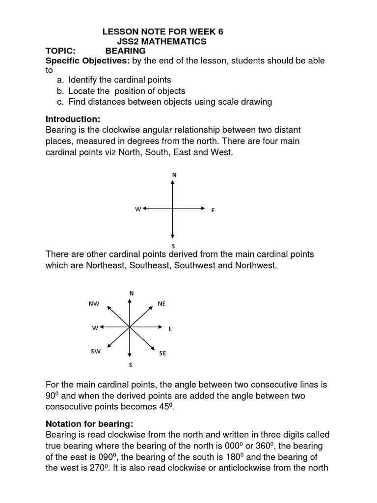 JSS2 Mathematics Lesson on Bearing PDF Angle Geometry