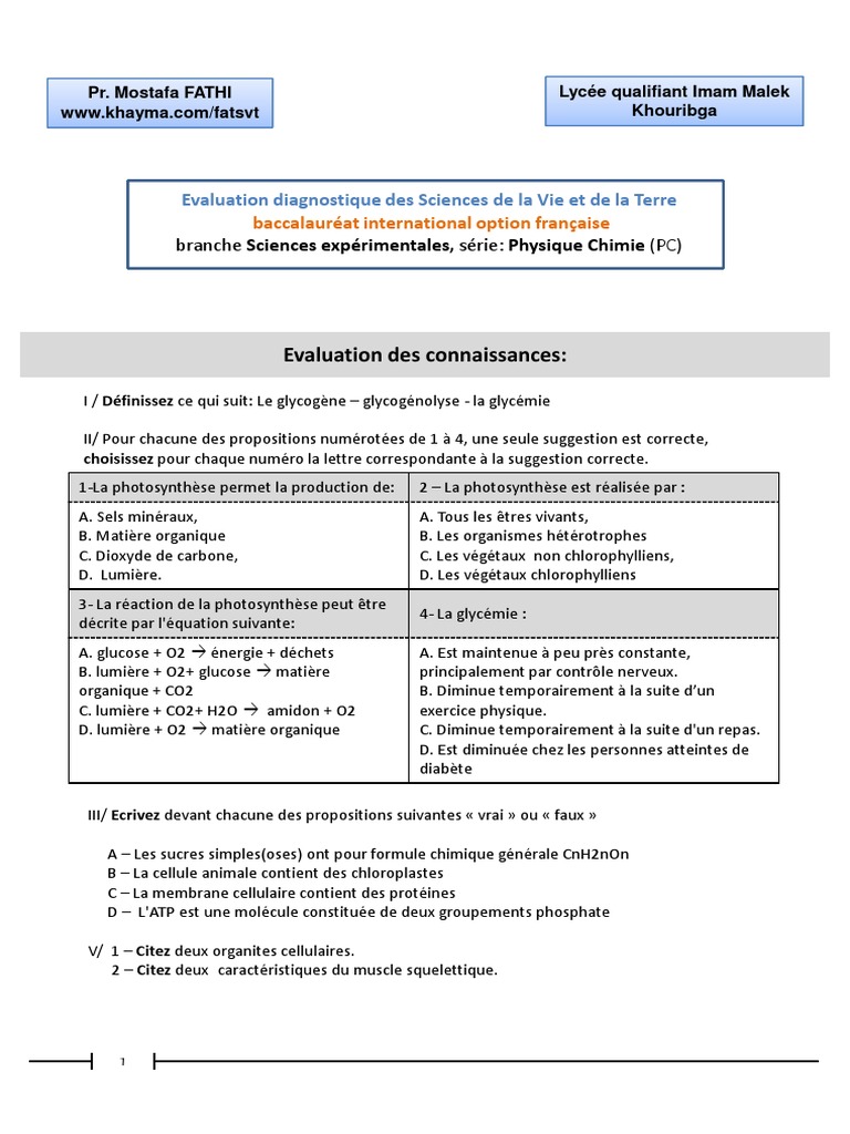 Évaluation des Sciences de la Vie et de la Terre | PDF | Photosynthèse ...