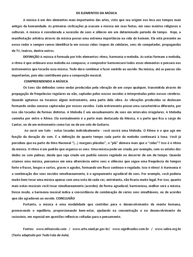 Texto Sobre Elementos Da Musica 7 Ano | PDF | Som | Artes Cênicas