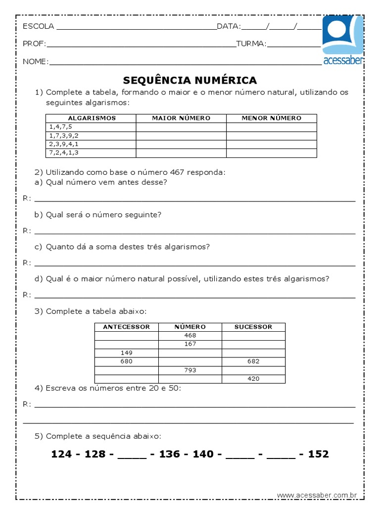 Atividade de Matematica Sequencia Numerica 4 Ano e 5 Ano | PDF