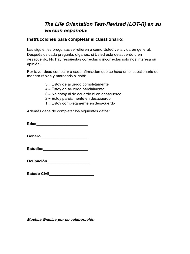 Cuestionario LOT-R en Español | PDF | Crecimiento personal y ...