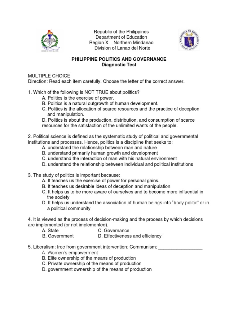 Philippine Politics and Governance Test | PDF | Ideologies | Citizenship