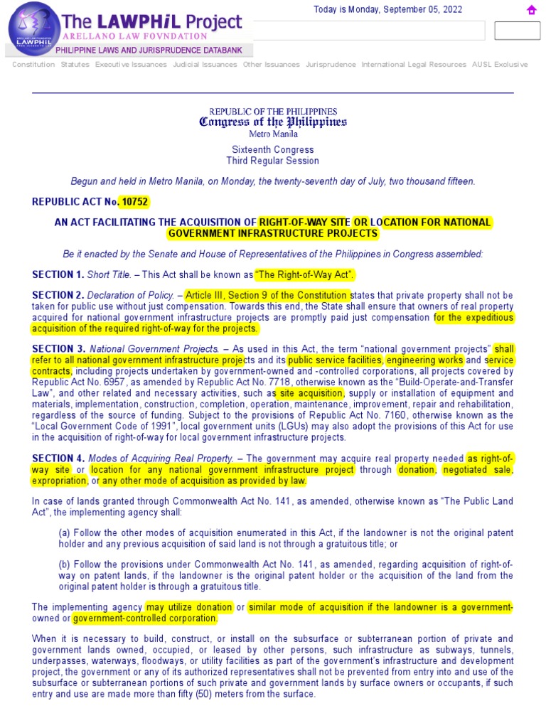 Right-of-Way Act (Republic Act 10752) | PDF | Eminent Domain | Taxes