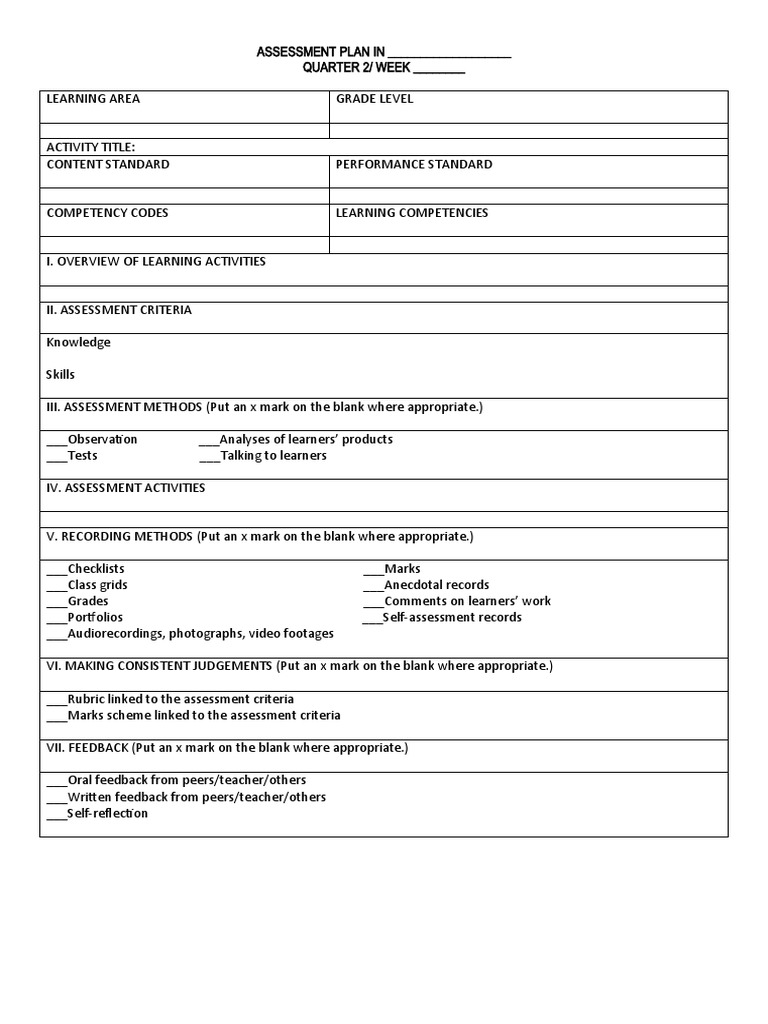 Assessment Plan English Template Pdf