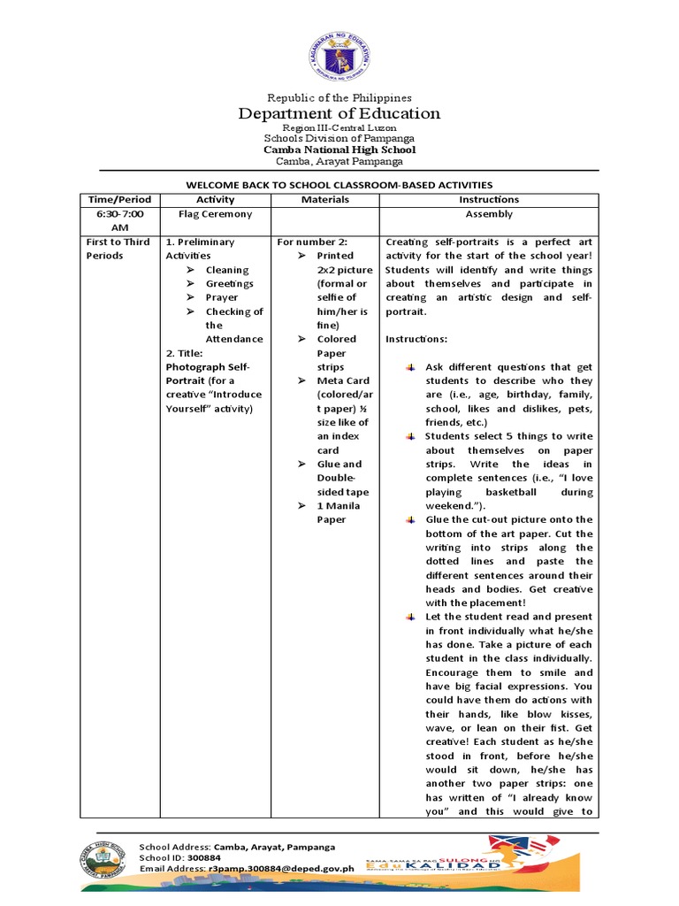 Shs Welcome Back To School Classroom Based Activities 22 23 Pdf