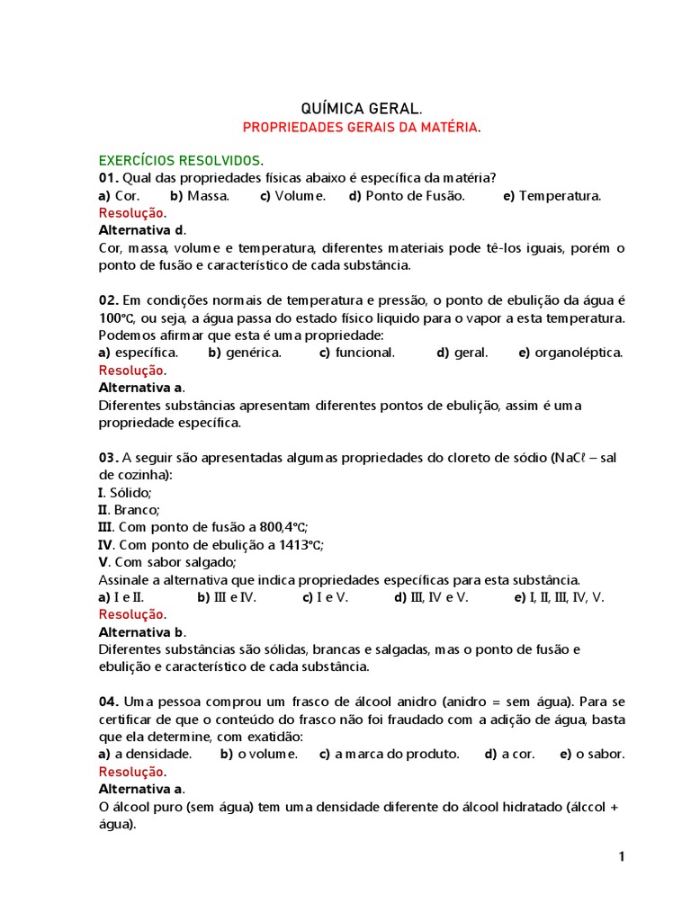 Propriedades Físicas e Químicas da Matéria: Exercícios Resolvidos sobre ...