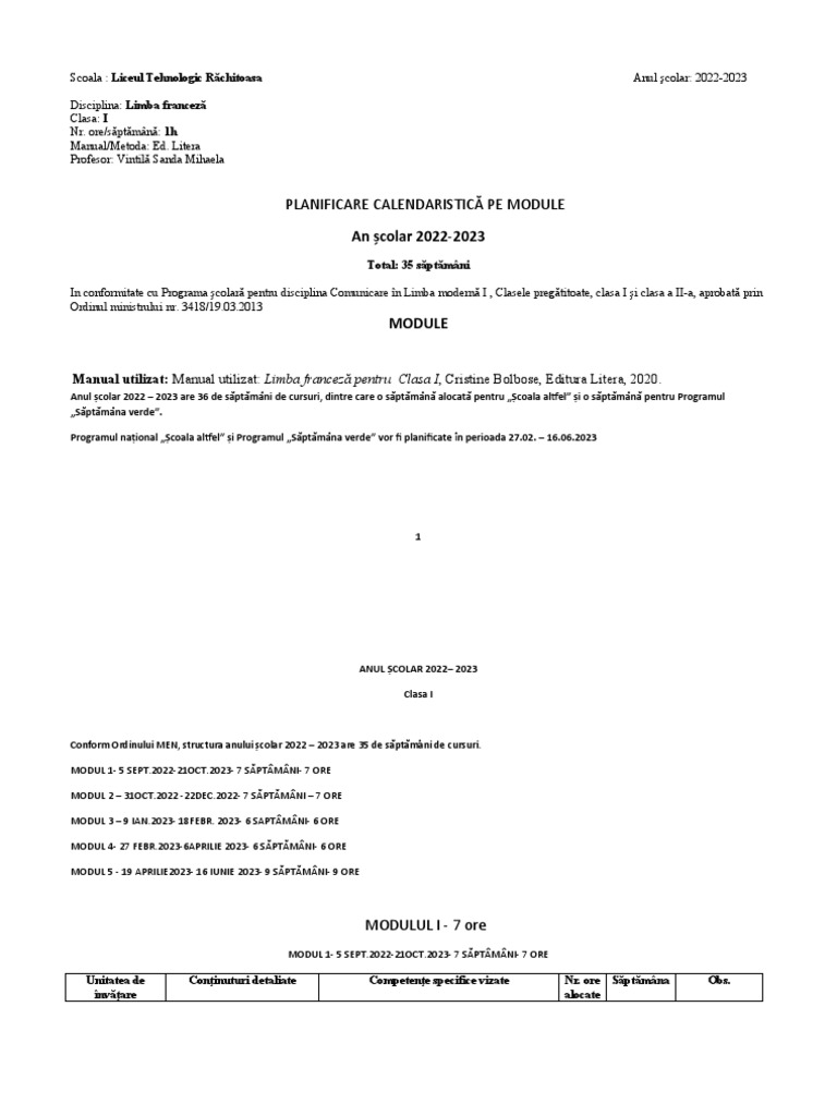 Planificare Clasa I Pe Module 2022-2023 | PDF