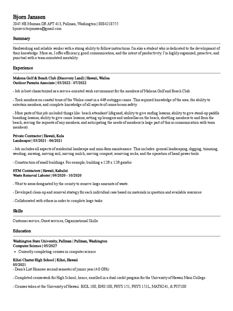 Bjorn Janssen: Versatile Worker and Student | PDF